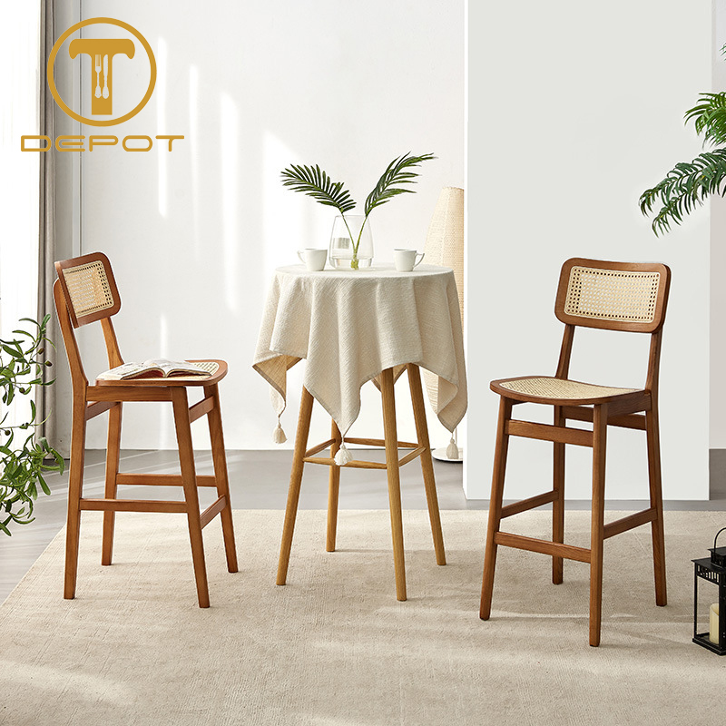 BAR STOOL WITH RATTAN AND WOOD WOVEN BACKREST