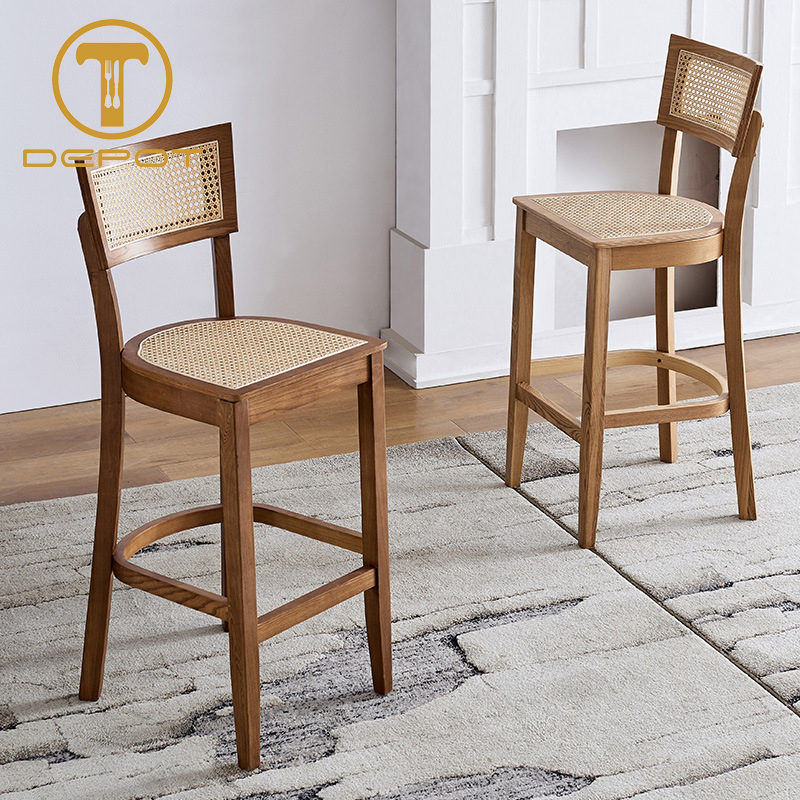 WOODEN BAR STOOL WITH RATTAN AND WOOD WOVEN BACKREST