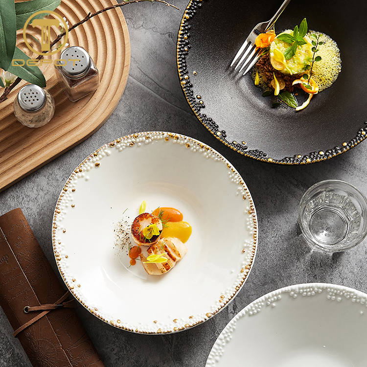 LIGHT LUXURY BEADED GOLD-RIMMED SALAD CERAMIC PLATE