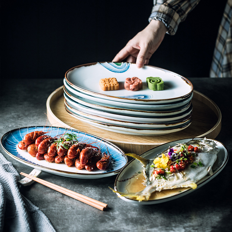 CERAMIC STEAMED FISH PLATE JAPANESE RETRO OVAL LONG PLATE